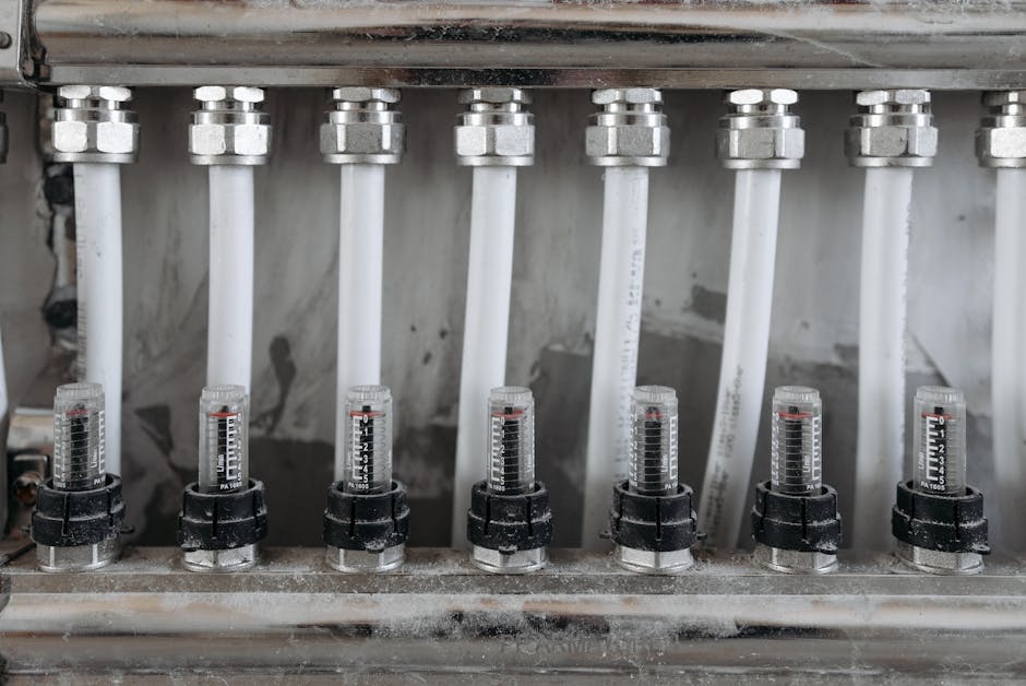 Detailed view of a network of pipes with valves in a metal framework, emphasizing industrial mechanics.